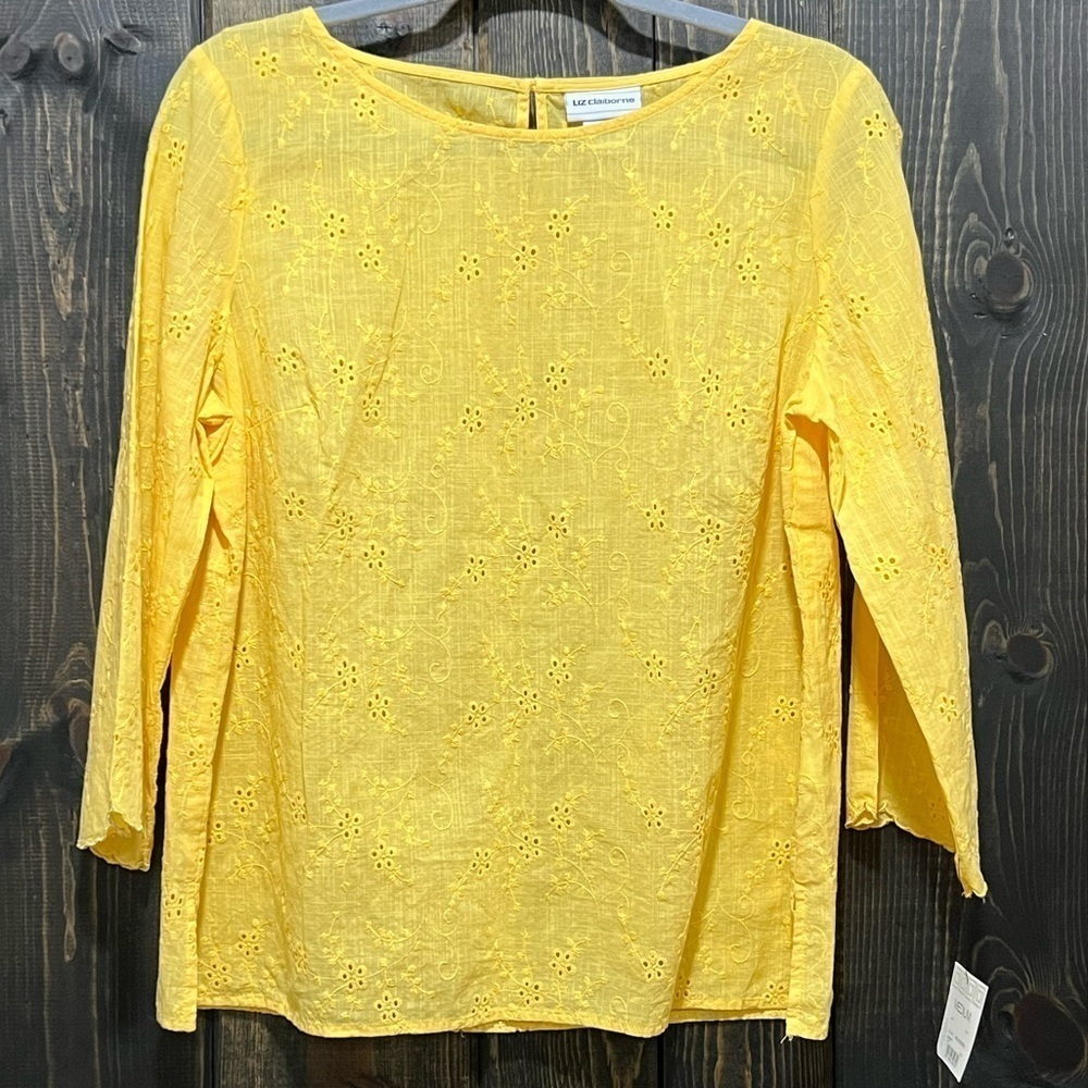 NWT‎ Liz Claiborne Eyelet Blouse M Yellow Floral Top Boho Coastal Vacation